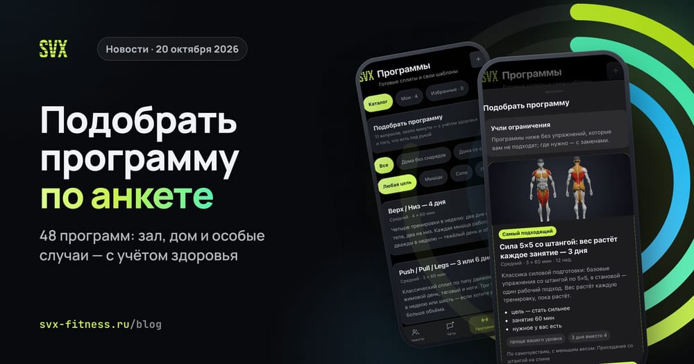 Подбор программы тренировок в SVX Fitness: выдача с «Самым подходящим» и каталог программ