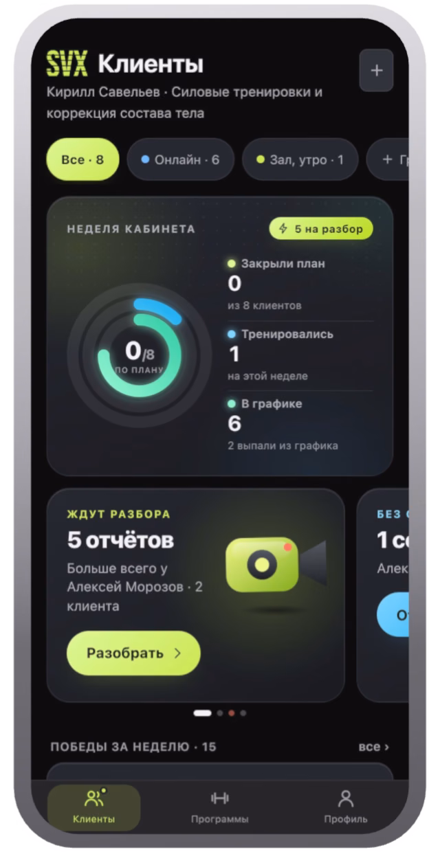 Кабинет тренера: восемь клиентов, двое выпали из графика