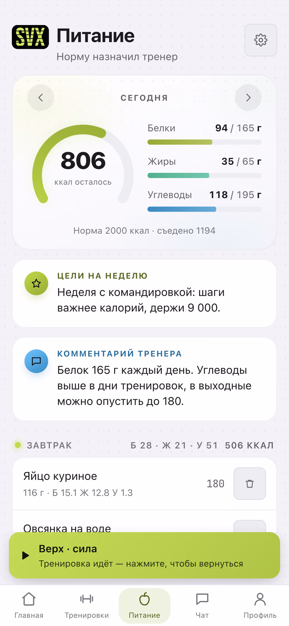 Дневник питания: остаток калорий и БЖУ на день